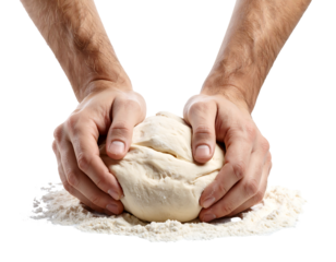  Hands are kneading soft white dough on a bed of flour, showcasing the baking process.