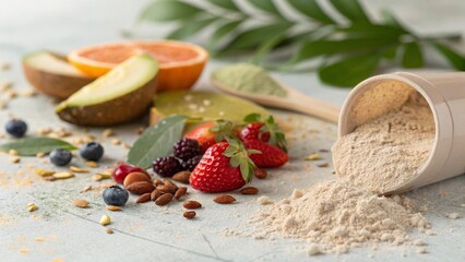 plant based protein powder concept Vibrant assortment of fruits and seeds scattered with a green powder on a textured surface.