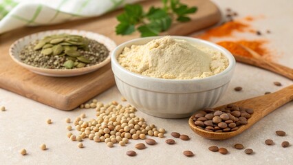plant based protein powder concept Variety of seeds and spices arranged on a countertop, showcasing natural ingredients for cooking.