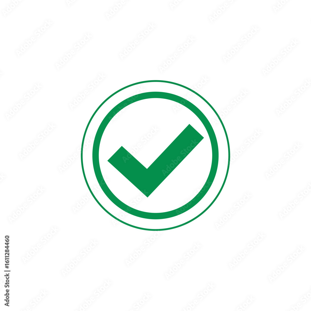 Poster green check mark icon in circle for quality approval and verification