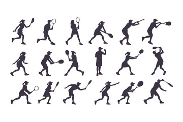Silhouette Set of Tennis Players in Various Action Poses, Collection of Sporty Men and Women Playing Tennis, Vector Illustration