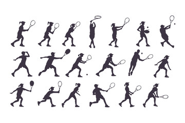 Silhouette Set of Tennis Players in Various Action Poses, Collection of Sporty Men and Women Playing Tennis, Vector Illustration