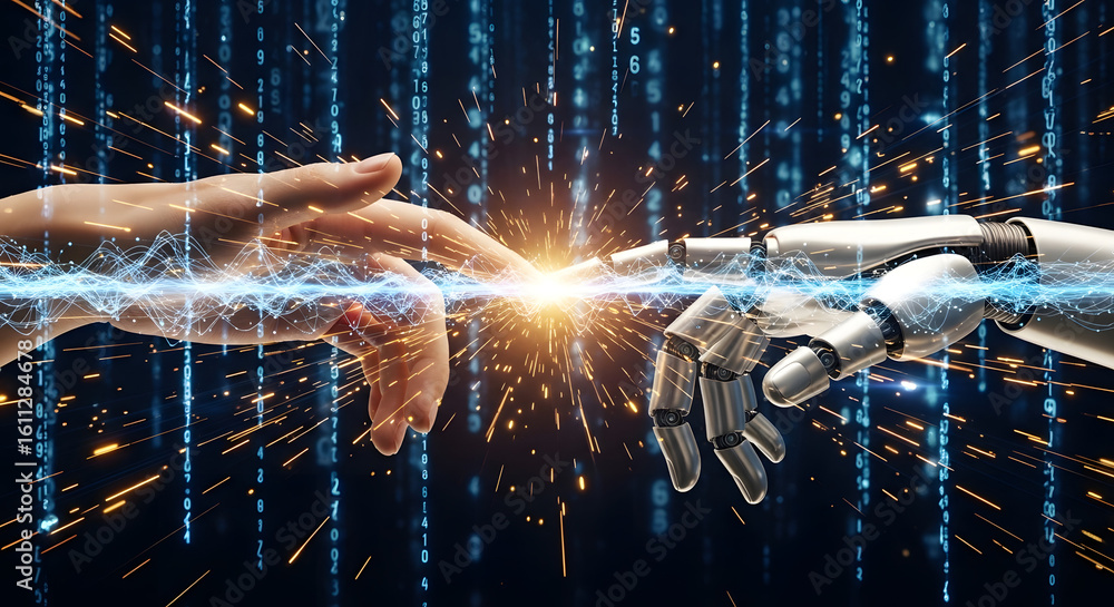 Aufkleber human and robot hands touching with digital connection sparking innovation
