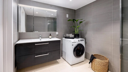 Modern bathroom interior in minimal scandinavian style, 3d render © evgenij