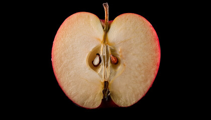 a perfectly halved red apple reveals its juicy flesh and seeds against a black background a vibrant fruit image