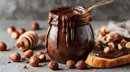 Rich Chocolate Hazelnut Spread in a Jar with Toasted Bread and Nuts