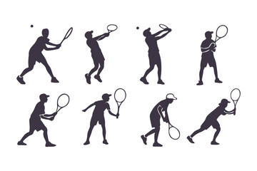 Silhouette Set of Tennis Players in Various Action Poses, Collection of Sporty Men and Women Playing Tennis, Vector Illustration