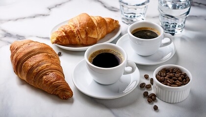 coffee composition on white marble background white cups filled with espresso alongside water and croissants breakfast concept