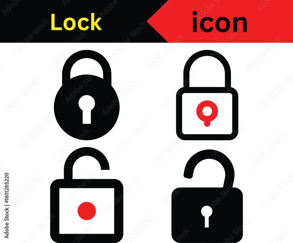Poster lock icon set featuring four different padlock designs in both open and closed positions depicted wi
