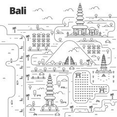Fototapeta premium Cityscape in line art style. View with culture, houses, trees and clouds. Wonderful Indonesia. Bali Island. Pulau Dewata