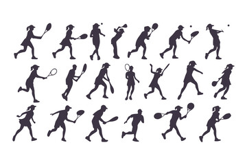 Silhouette Set of Tennis Players in Various Action Poses, Collection of Sporty Men and Women Playing Tennis, Vector Illustration