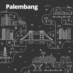 Cityscape in line art style. View with culture, houses, trees and clouds. Wonderful Indonesia. Palembang city