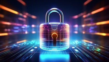 transparent padlock digital security concept glowing background