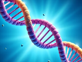 DNA spiral double helix structure on blue background.