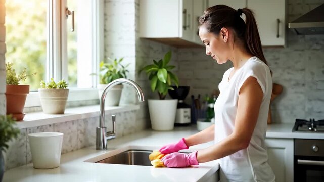 Woman cleaning the kitchen sink, doing some cleaning tasks with pink gloves and yellow sponge. House cleaning includes removing dirt and soap stains from countertop.