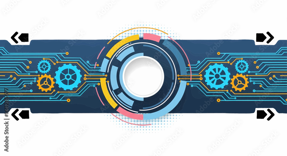 Poster abstract technology background with a central circular interface, gears, and digital circuit board p
