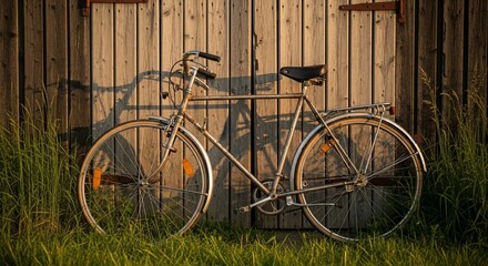 Vintage Bicycle Resting Against a Rustic Wooden Wall in Golden Sunlight