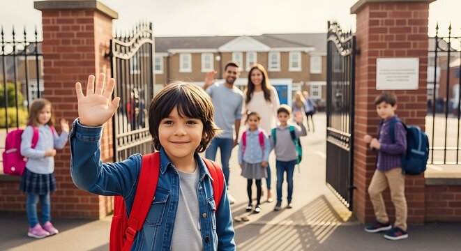 A young boy waving goodbye at the school gate with his family in the background on a sunny day