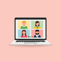 Laptop screen displaying a video conference with four people.