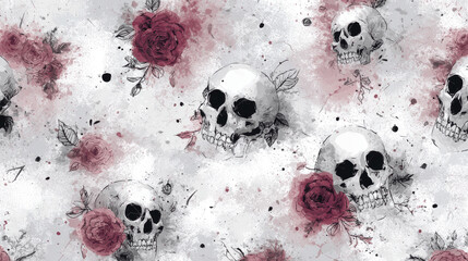 Skulls and Red Roses Vintage Pattern