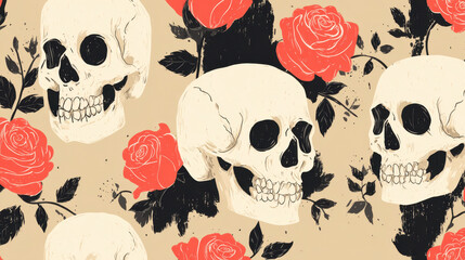 Skulls and Red Roses Vintage Pattern