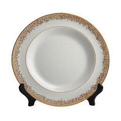 Photo of an elegant white ceramic plate with an ornate gold rim, presented on a black stand isolated on transparent background