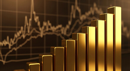 Golden bars ascending against a blurred stock market graph background, symbolizing growth, success, and financial prosperity