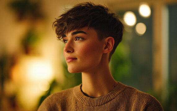 Non-binary person with short hair in cozy indoor setting looking thoughtfully out of focus, illuminated by warm lights in the background during evening hours