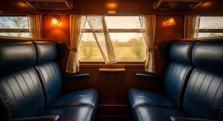 Vintage train cabin interior with blue leather seats and scenic window view