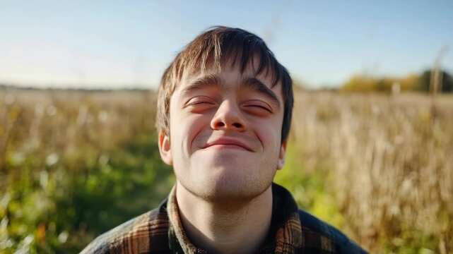 Happy young man with a silly grin outdoors, enjoying the countryside.