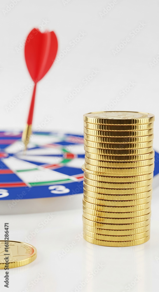 Poster stack of gold coins near a dartboard with a red dart, suggesting financial accuracy and achieving go