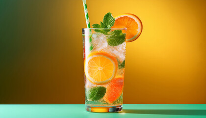 a refreshing sparkling soda served in a tall glass with a straw garnished with mint leaves and citrus slices set against a colorful background