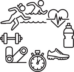Naklejka premium Fitness & Wellness Line Icons — Exercise, Swimming, Heart Health, and Sports Gear