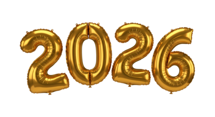 Golden 2026 number balloons for New Year celebration. Inflatable foil helium balloon. Isolated on transparent background, png