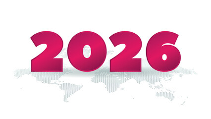 2026 New Year sign with World Map background. Vector illustration element for decoration, web design, infographic symbol, global event, media, presentation