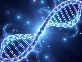 DNA spiral double helix structure on blue background.