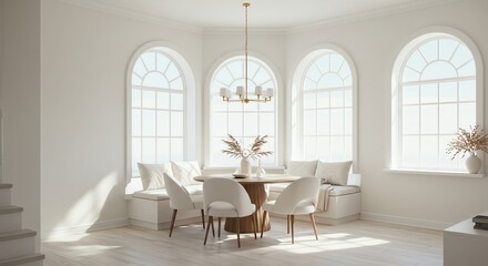 Fototapeta premium Bright White Living Room with Large Arched Windows and Modern Decor