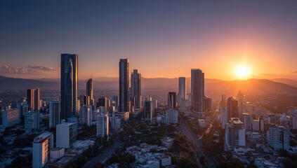 Fototapeta premium Golden sunlight bathes a modern cityscape, silhouetting skyscrapers against a vibrant horizon, creating a stunning urban panorama at dusk.