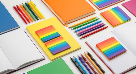 Overhead shot of colorful notebooks pens and rainbow sticky notes on a white surface flat lay style