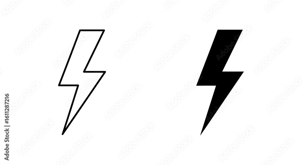 Poster lightning bolt icon set in outline and filled style for graphic design