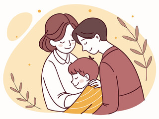 Loving Family Embracing Child with Affectionate Hug Happy Parents and Son Together Vector Illustration