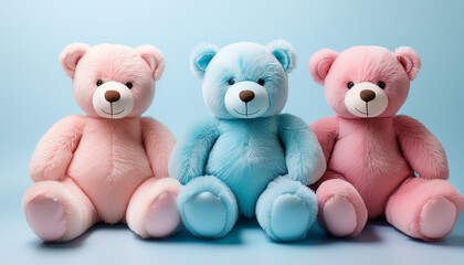 three pastel teddy bears sitting together pink blue and pink