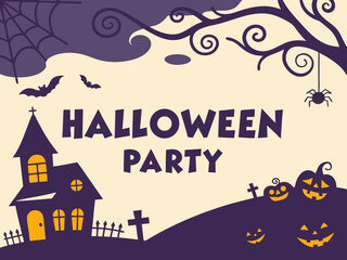 Fun Halloween Party Invitation Design with Haunted House Pumpkins Bats Spider and Tree