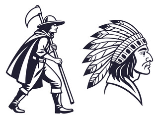 Pilgrim with Scythe and Native American Chief Head in Profile Black and White Illustration