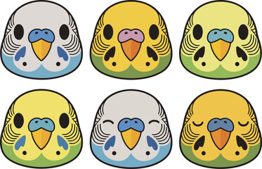 Fototapeta premium Six cute cartoon budgie bird heads in different colors and expressions
