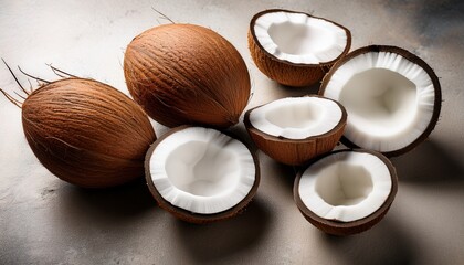 coconut slices and halves arranged on textured surface for culinary and design inspiration