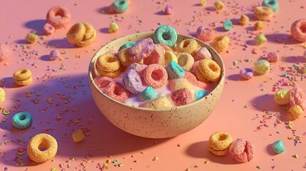 A whimsical bowl of colorful breakfast cereal floating in a sea of milk