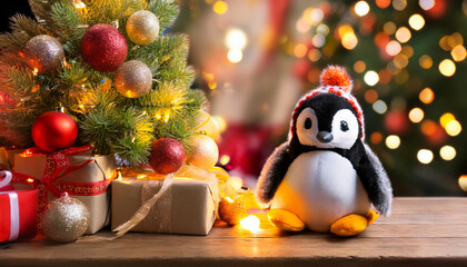 adorable plush penguin sitting near a beautifully decorated christmas tree surrounded by warm lights and festive ornaments evoking joyful holiday spirit