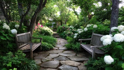 A tranquil stone path winds through a lush garden with blooming hydrangeas and inviting wooden benches, creating a serene outdoor escape.