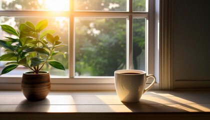 cozy window scene with coffee cup and potted plant in natural light